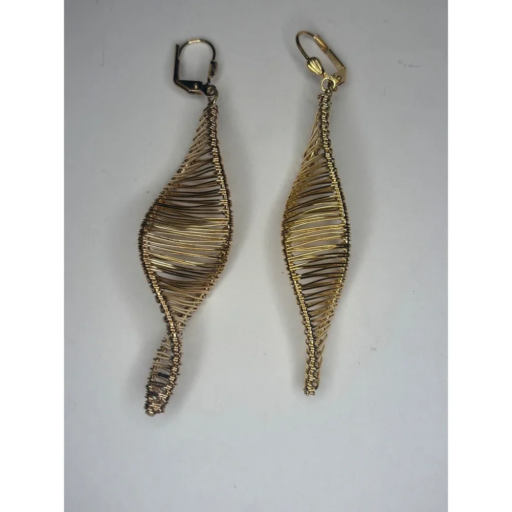 Wire Wrapped Spiral Drop Earrings Lever Back Gold Tone Statement Dangle 3.25